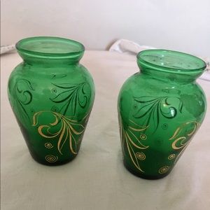 Pair small green vases with gold etching